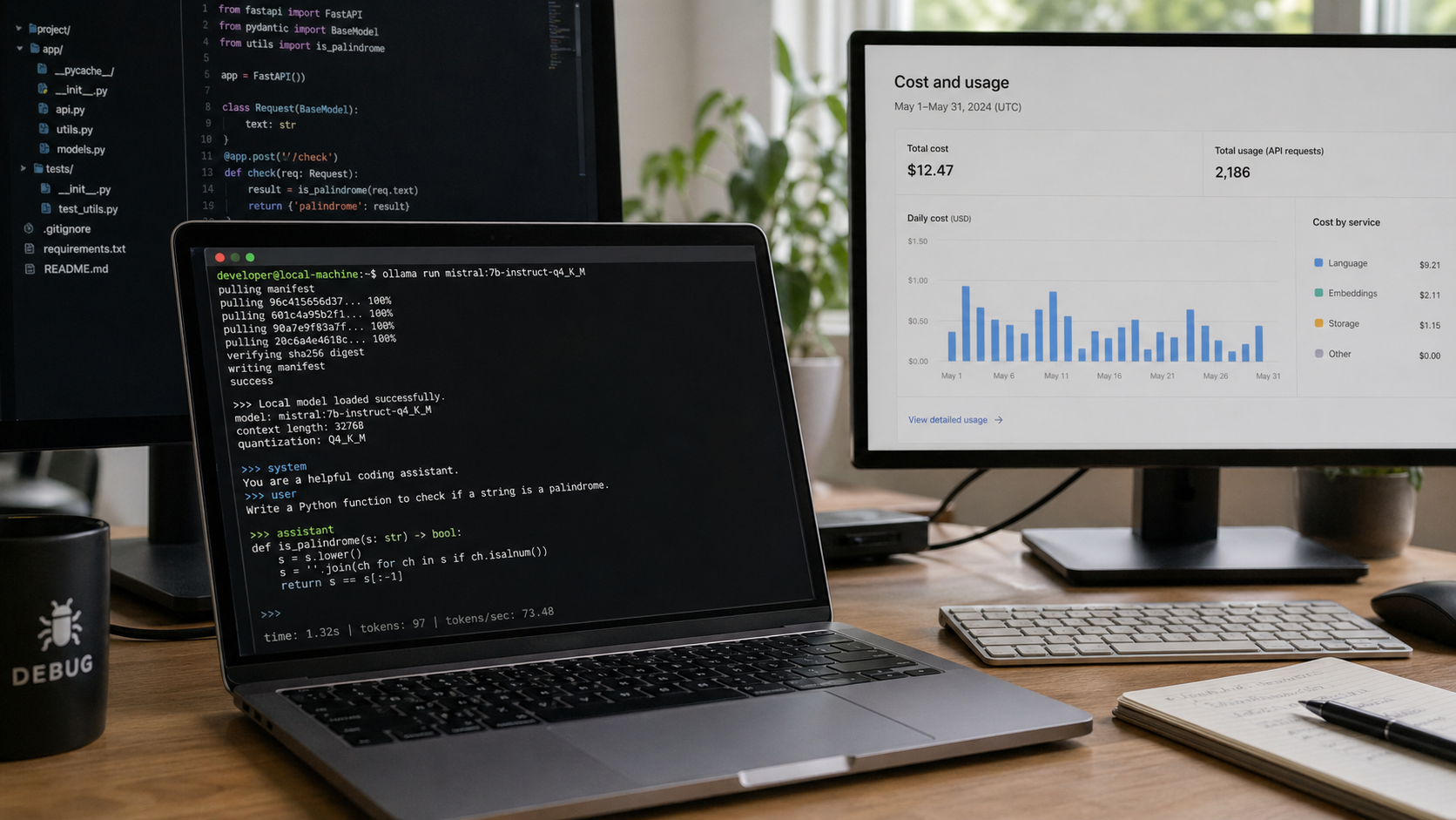 Developer workstation showing a local AI model running in a terminal beside a small cloud usage cost graph.