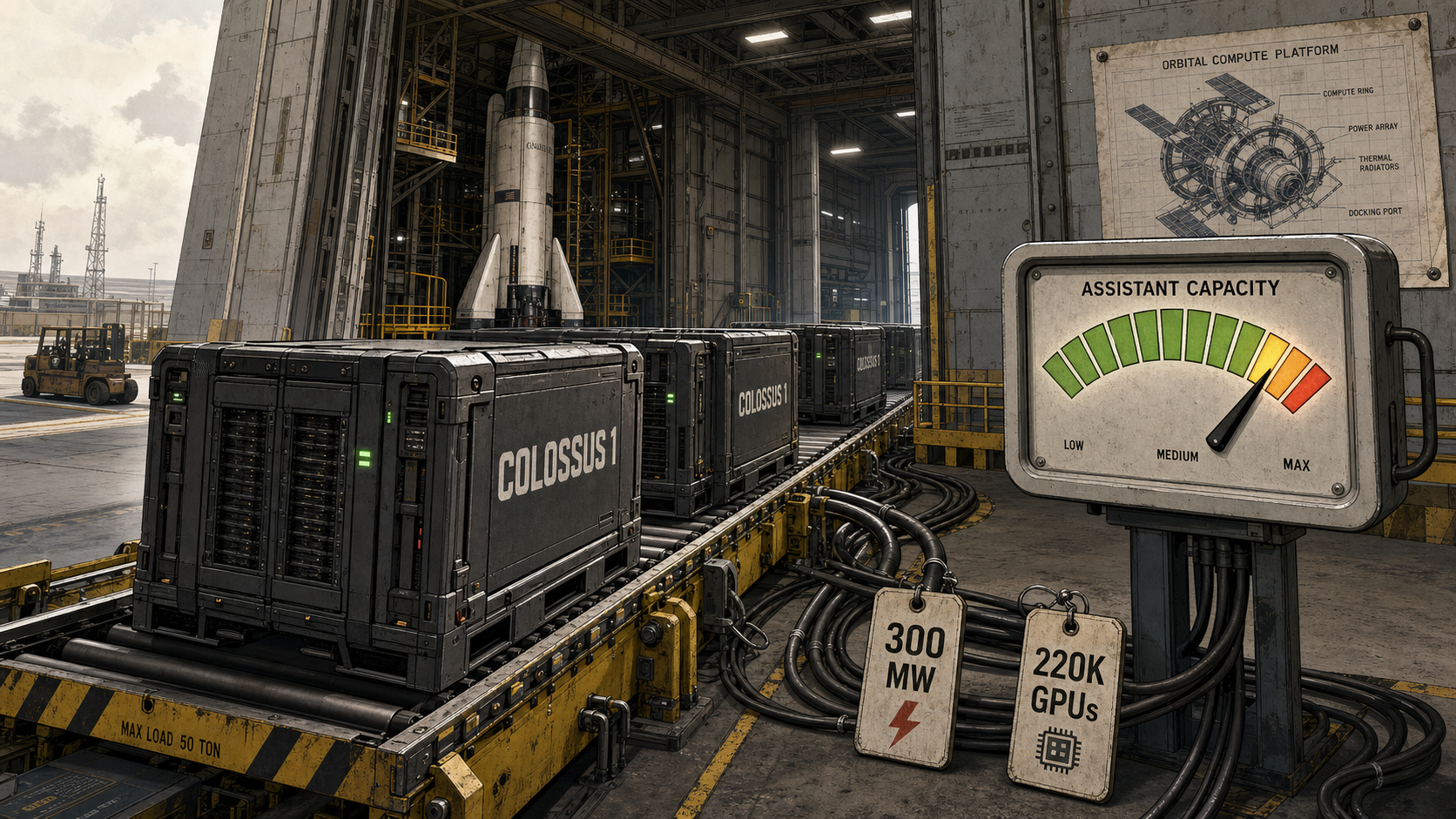 Server-rack crates labeled Colossus 1 moving through a rocket hangar toward an AI assistant capacity meter.