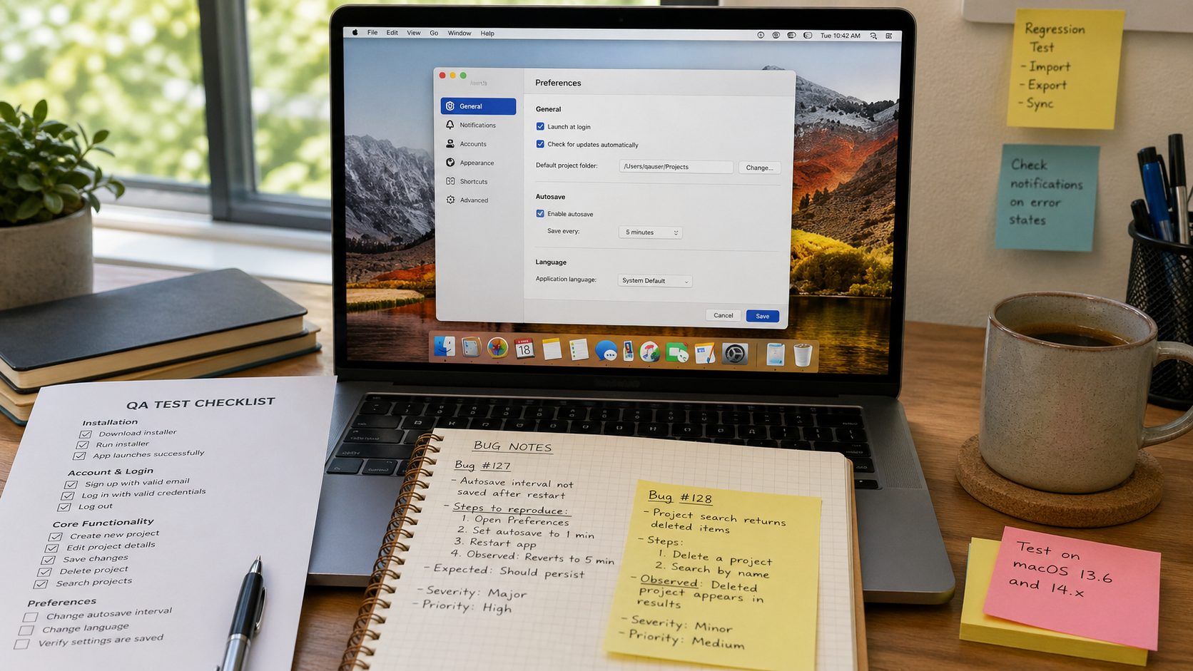 Desktop app being tested with a QA checklist and bug report visible beside the app window.