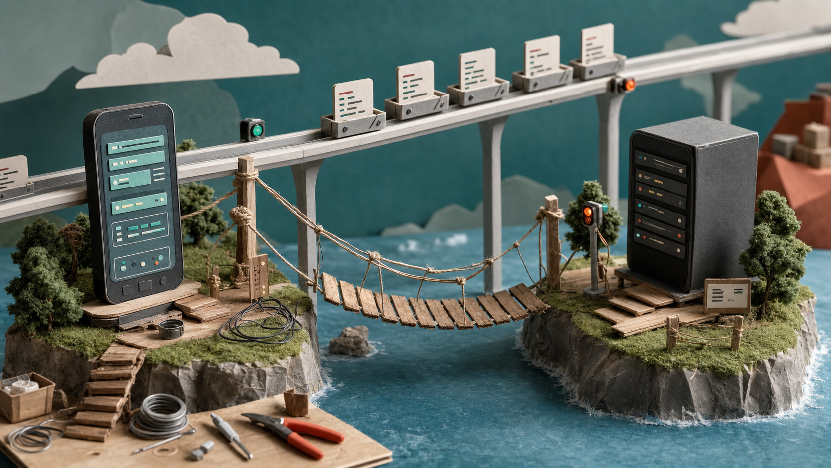 Miniature handmade phone-to-desktop bridge beside a new official transit line carrying code cards.