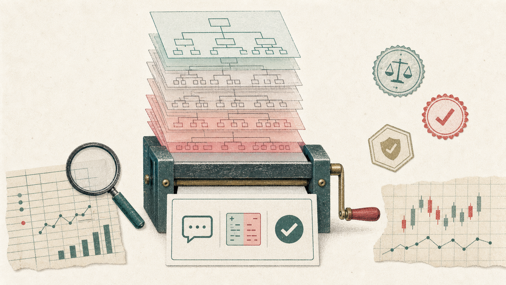Layered org chart being compressed into a compact AI-assisted feature card with QA check stamps around it.
