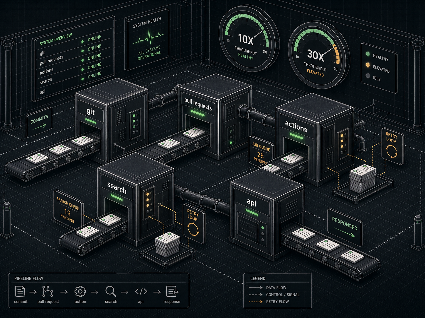 Infrastructure diagram showing GitHub services under rising agentic coding load, with meters moving from 10X to 30X.