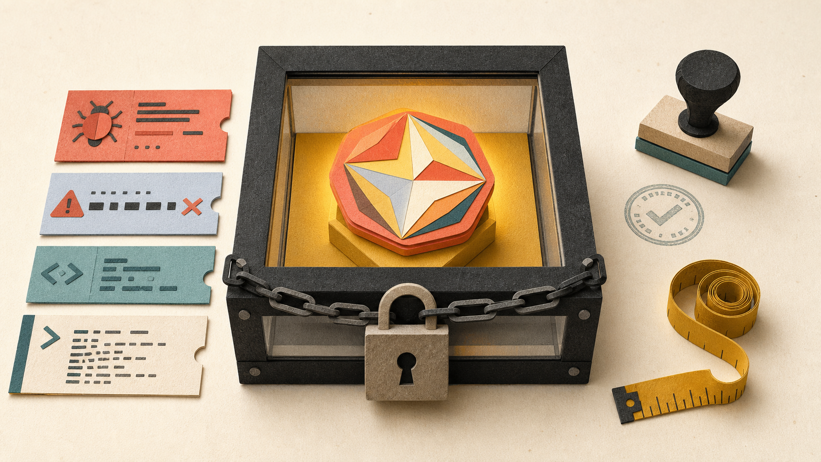 Cut-paper hard prompt cards waiting beside a locked preview case holding a new AI model token.
