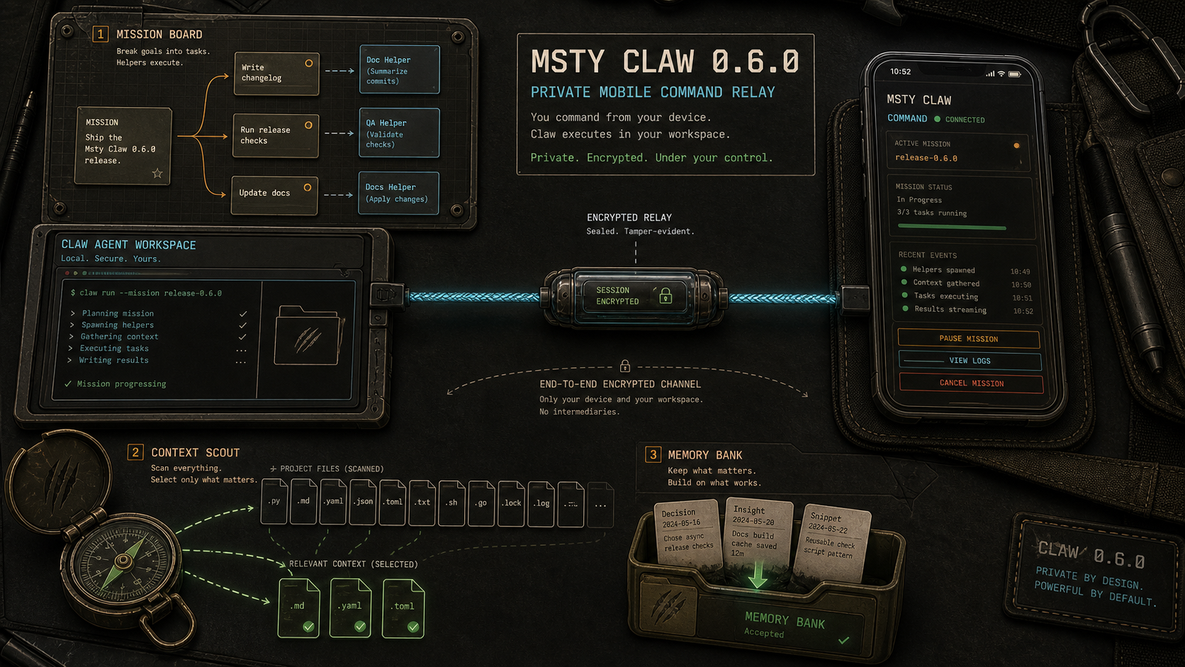 Private mobile relay connecting a phone to a desktop agent workspace with mission, context, and memory tools.