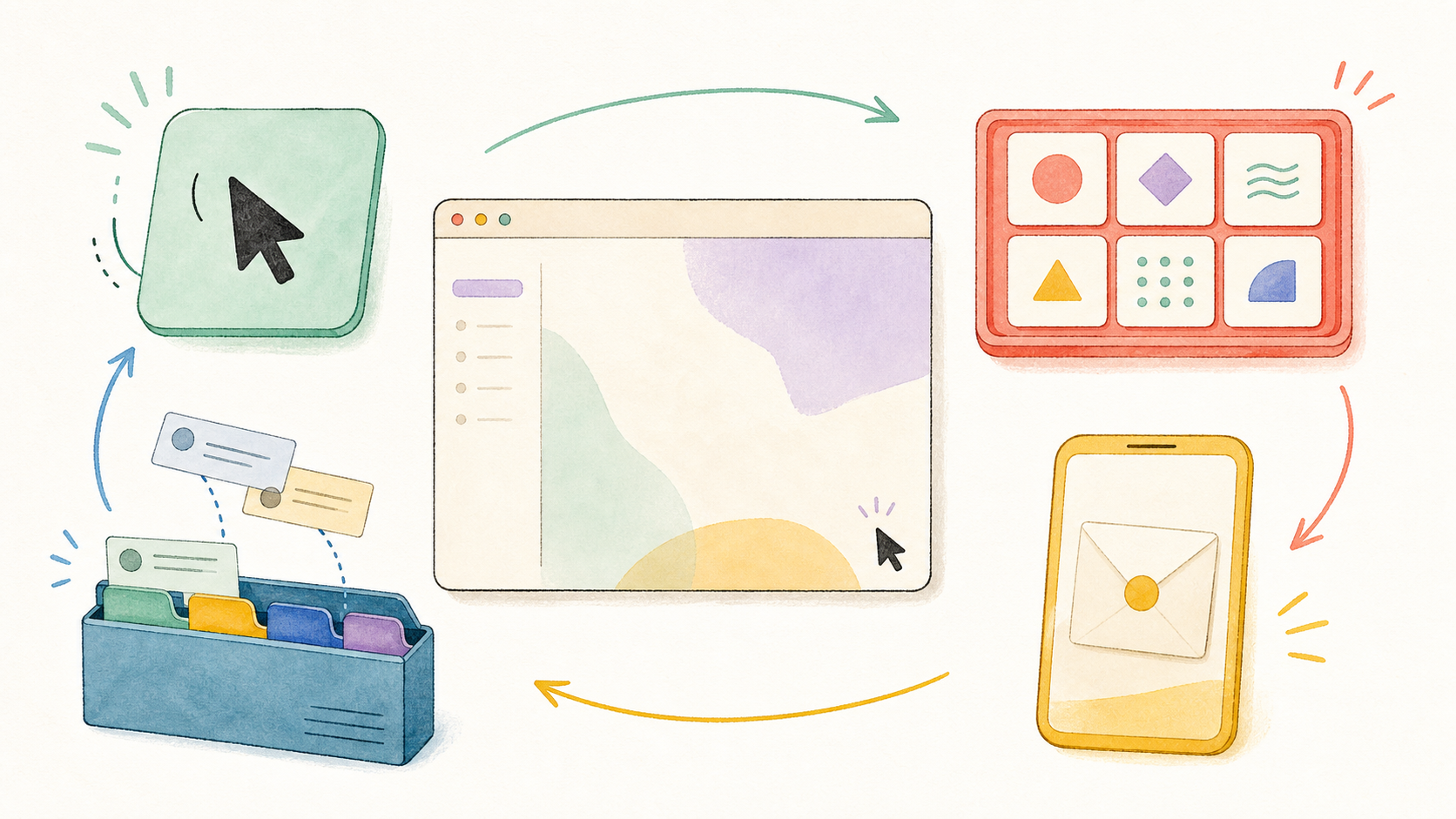 Bright gouache-style poster showing a desktop window surrounded by cursor control, skills blocks, a mobile invite card, and organized chat folders.