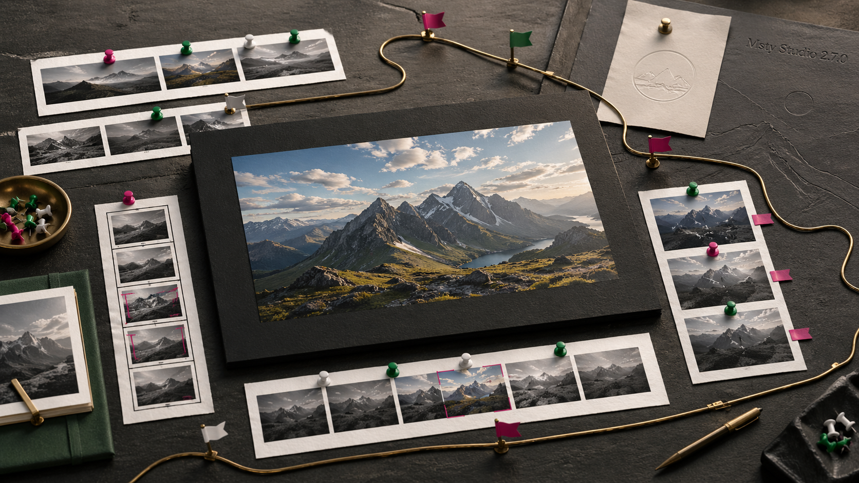 Media canvas surrounded by generated image frames, annotation marks, and looping workflow markers.