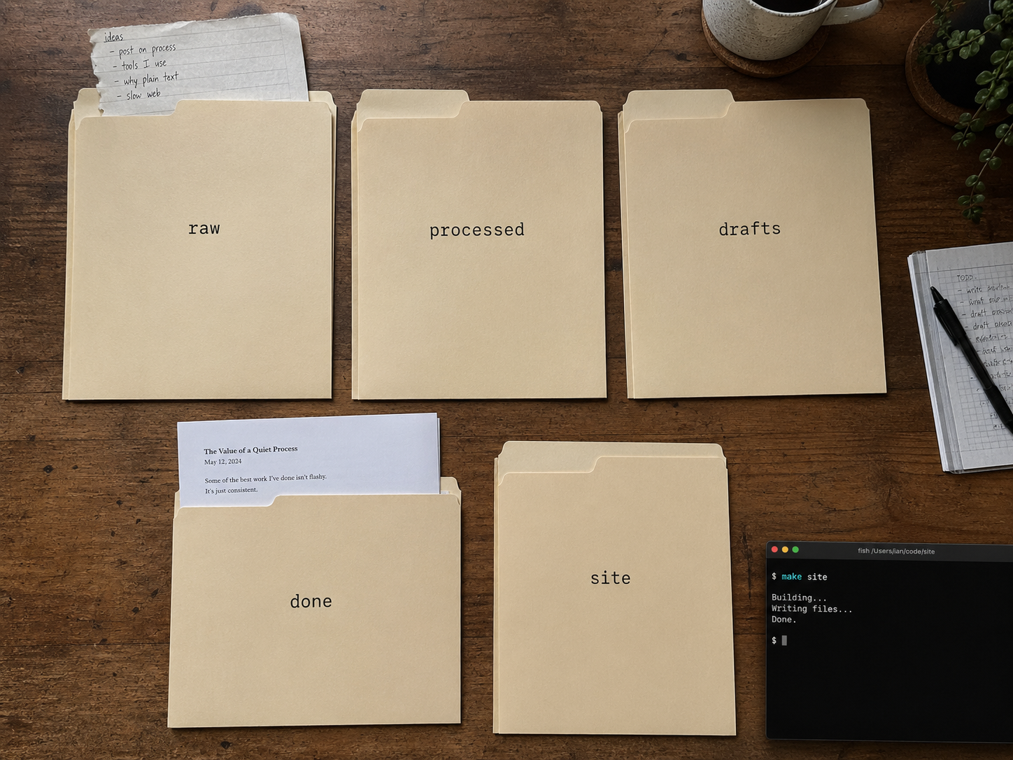 Terminal and paper folders showing a simple workflow from raw notes to generated site output.